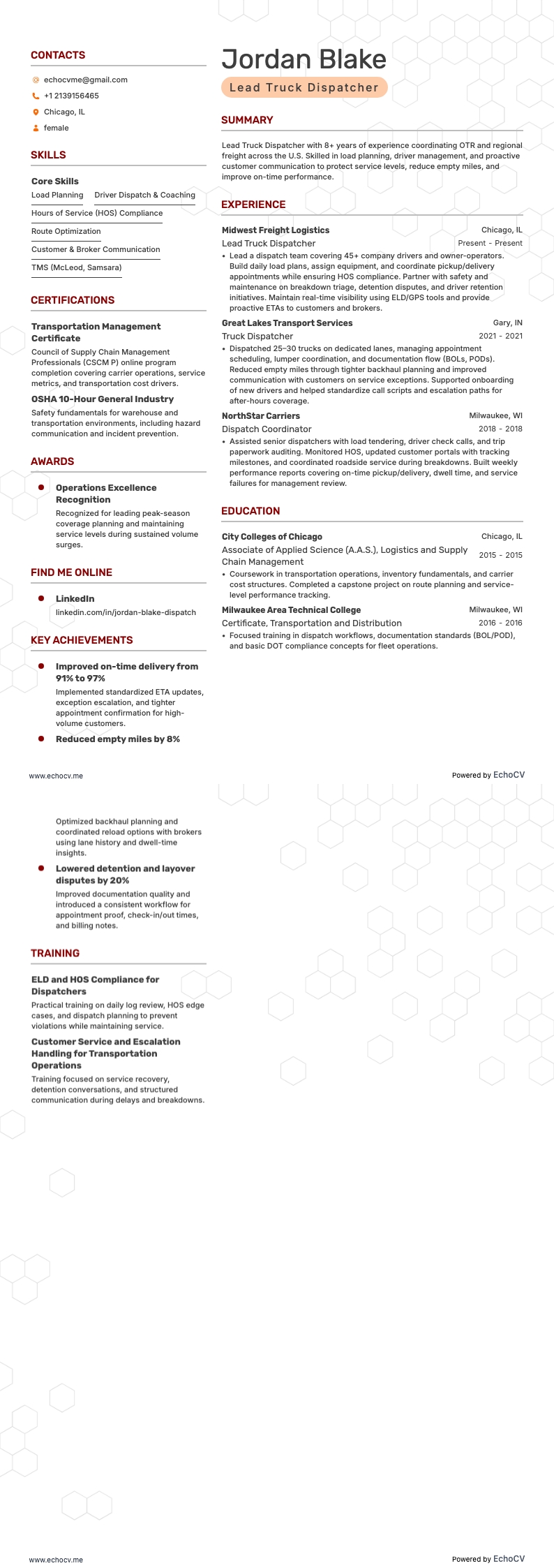 Trưởng điều phối xe tải example resume