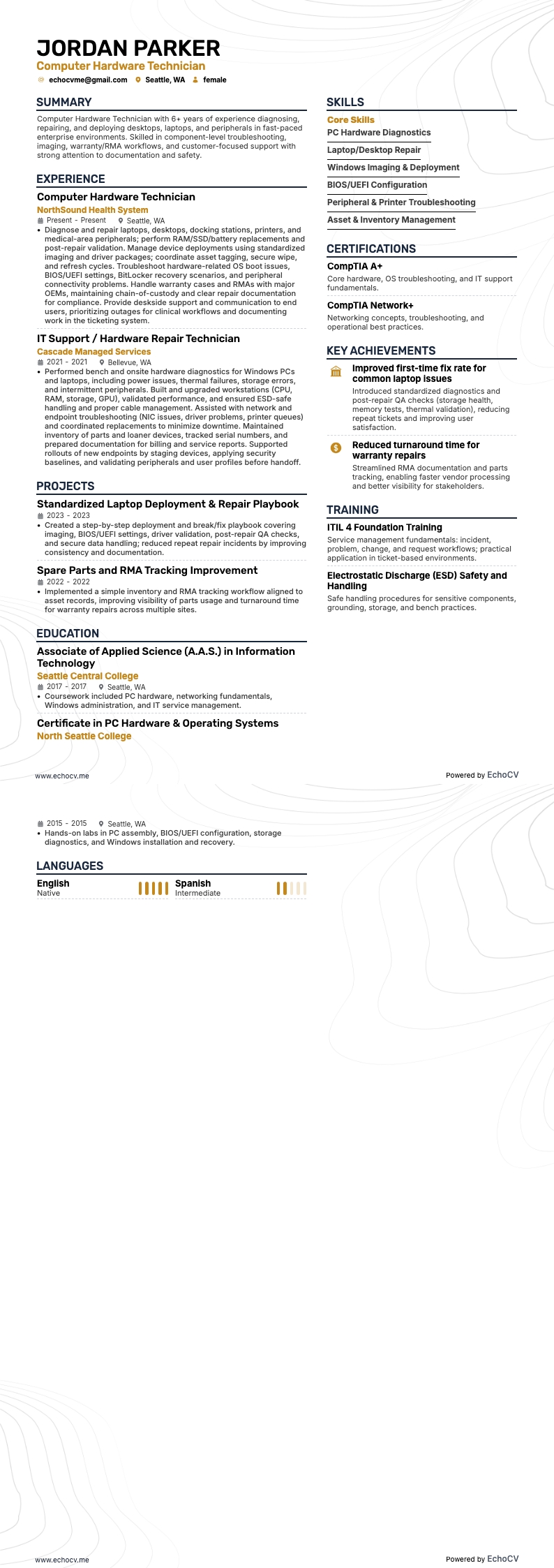 Computer Hardware Technician example resume