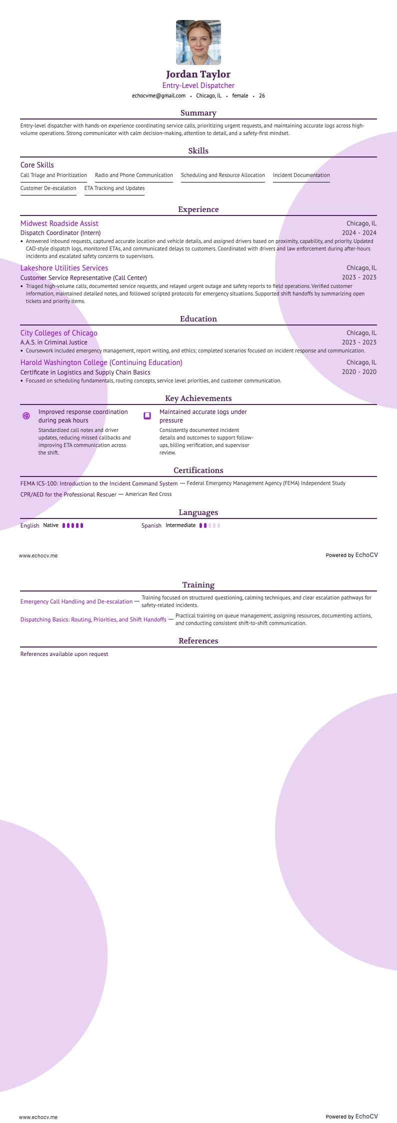 Dispatcher op instapniveau example resume
