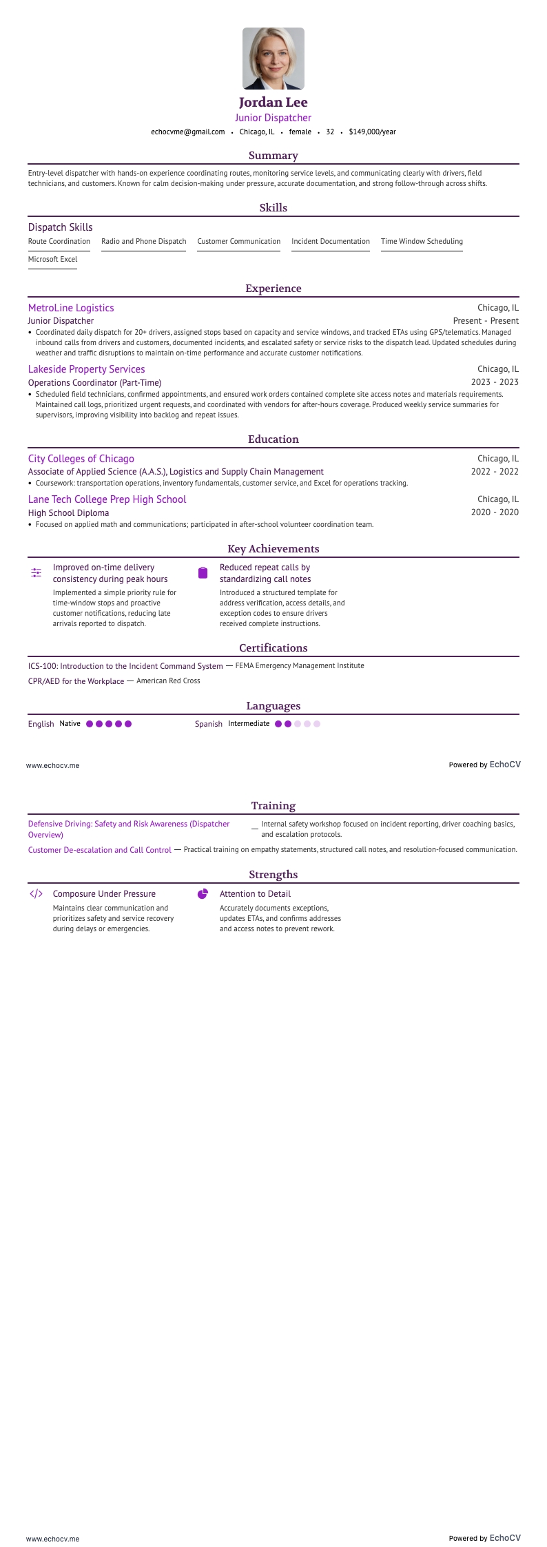 Junior dispatcher volledige voorbeeldweergave