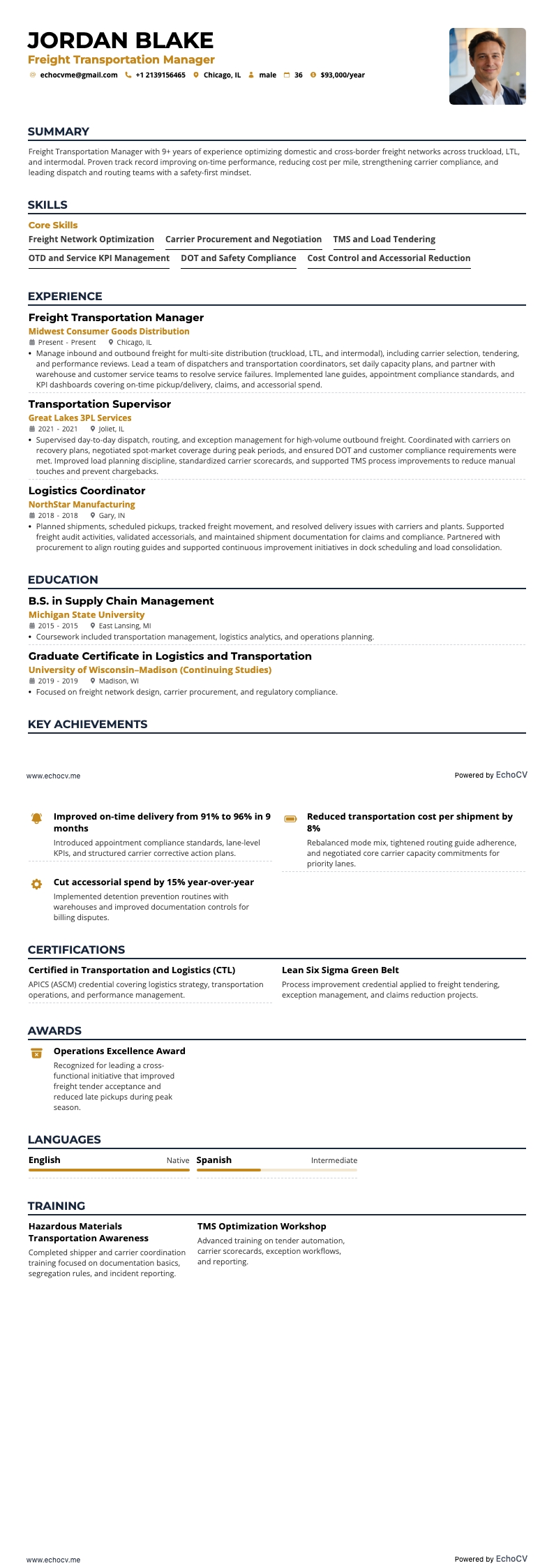 Quản lý vận tải hàng hóa example resume