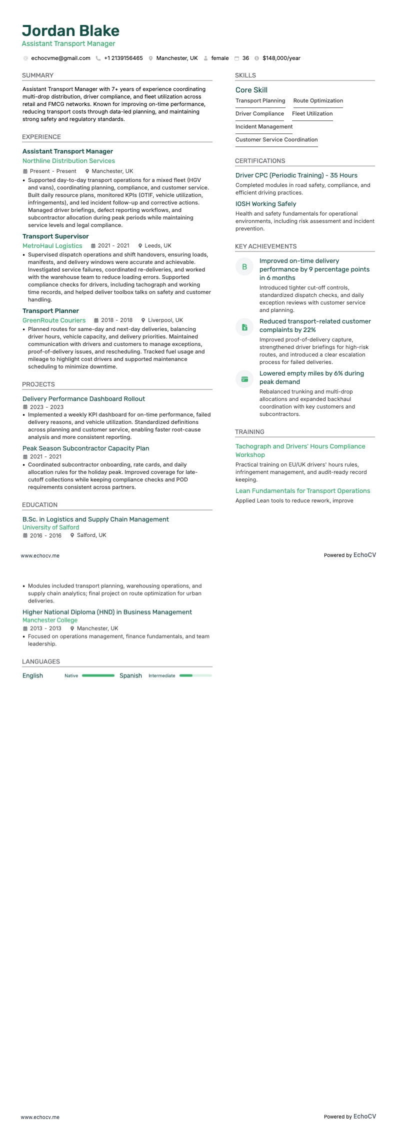 Trợ lý quản lý vận tải example resume