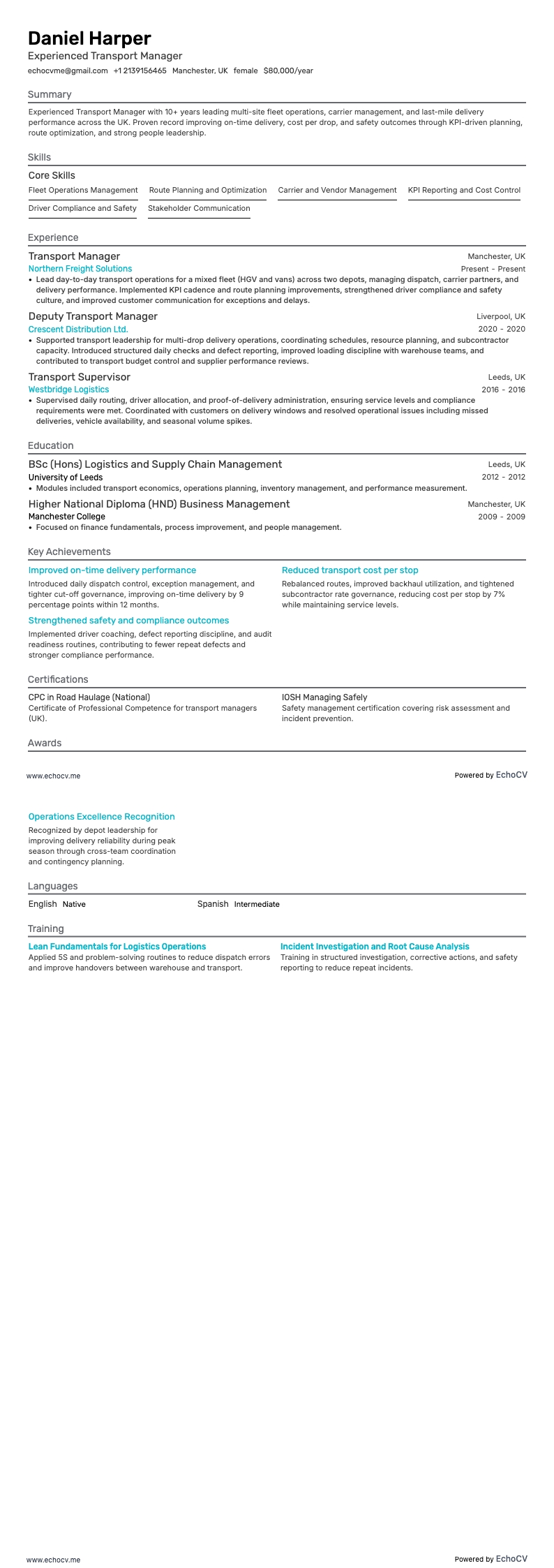 Quản lý vận tải giàu kinh nghiệm example resume