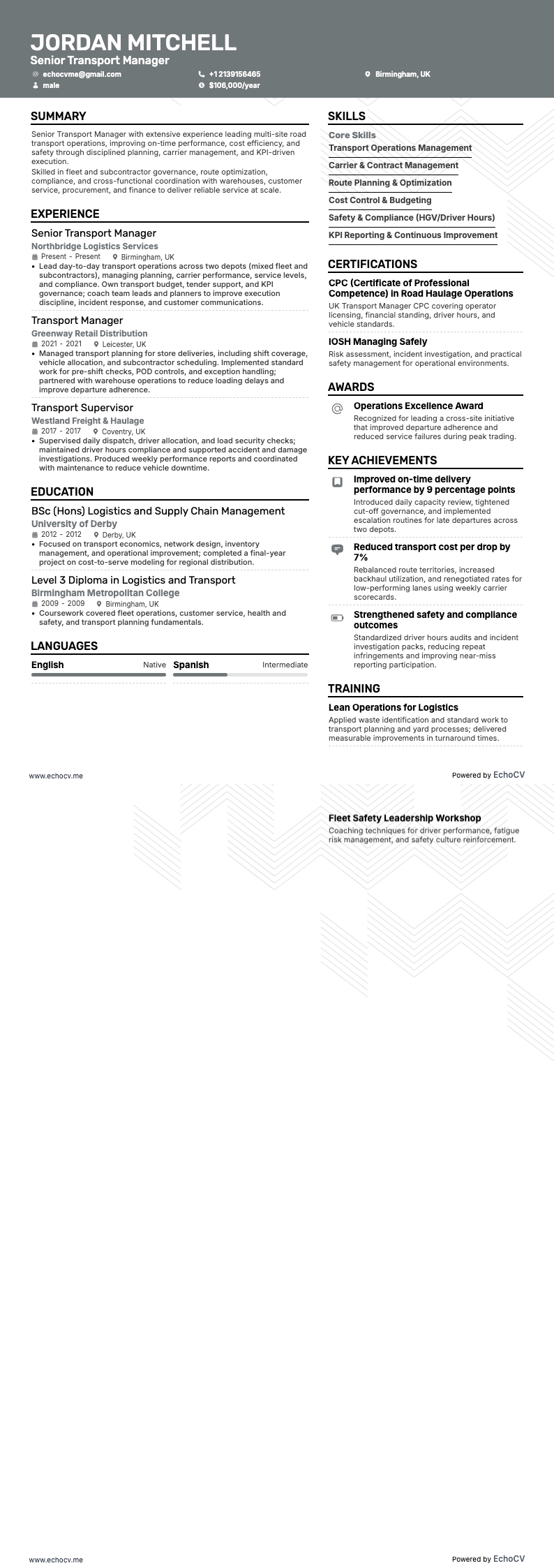 シニア輸送マネージャー