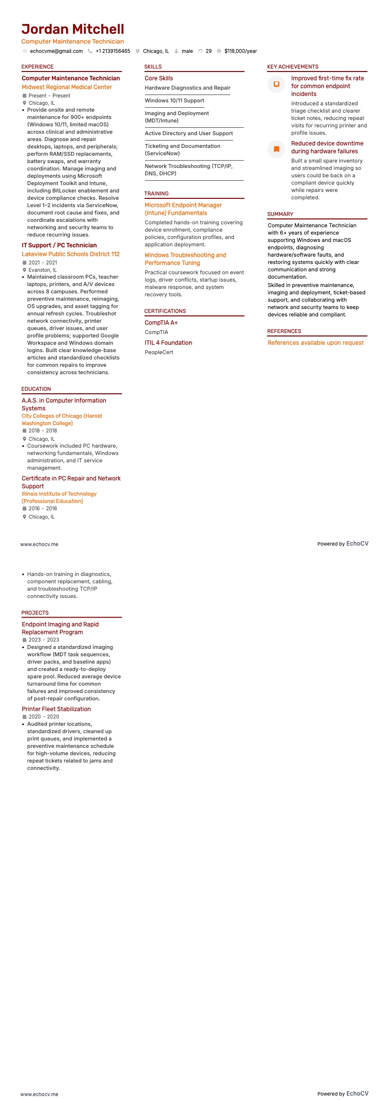 Computer Maintenance Technician example resume