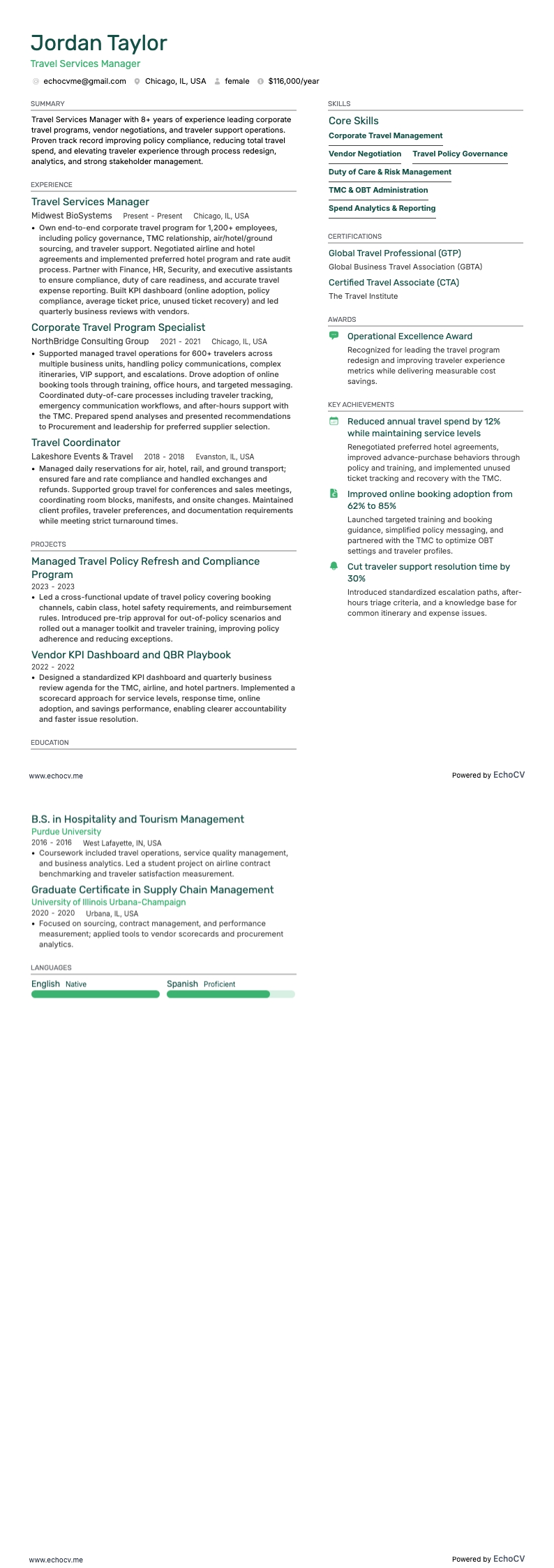 Quản lý dịch vụ du lịch example resume