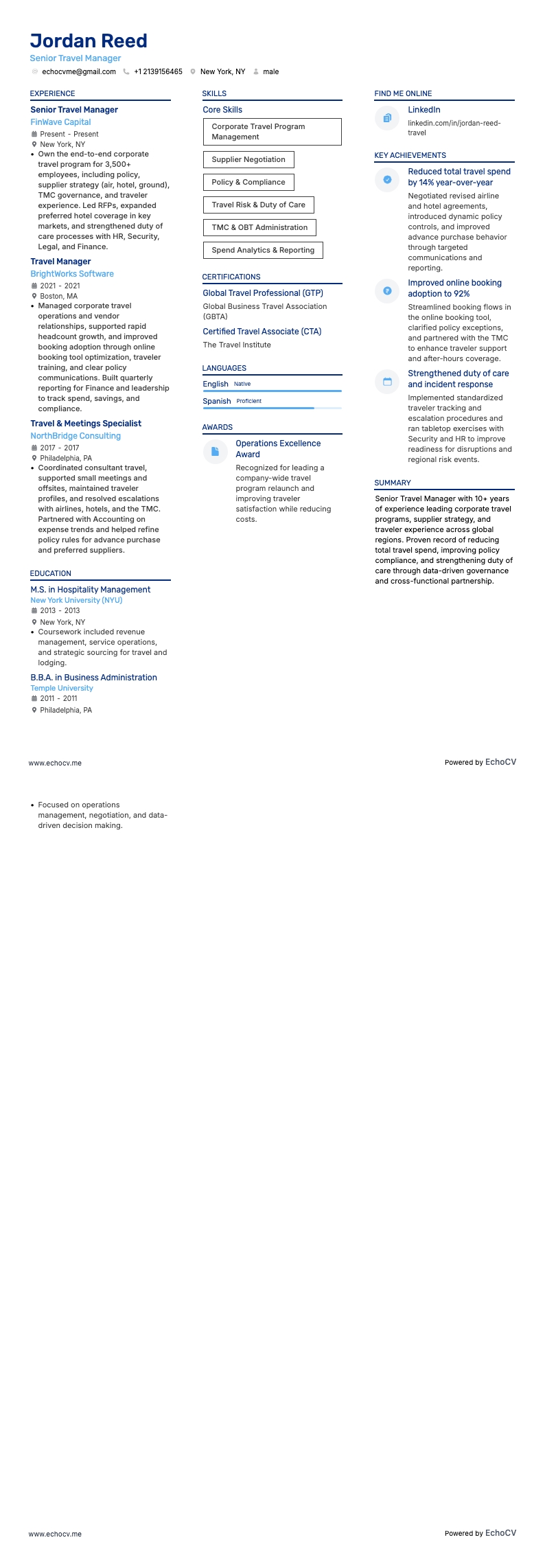 Quản lý du lịch cấp cao example resume