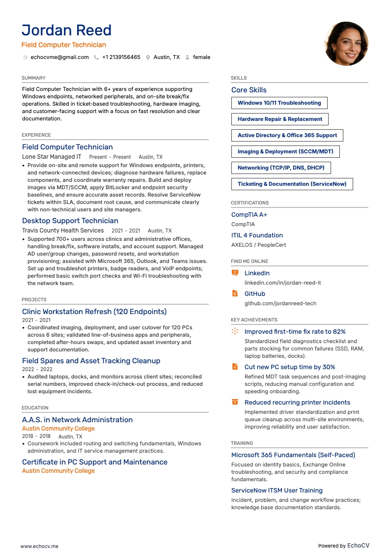 Computertechniker resume example
