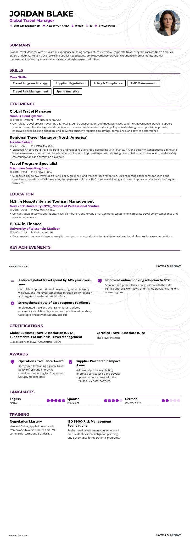 Quản lý du lịch resume example