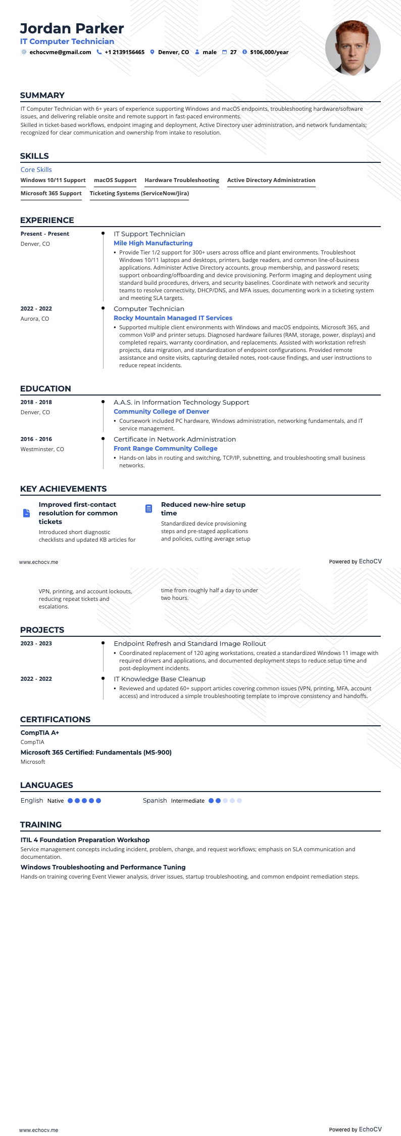 IT Computer Technician example resume