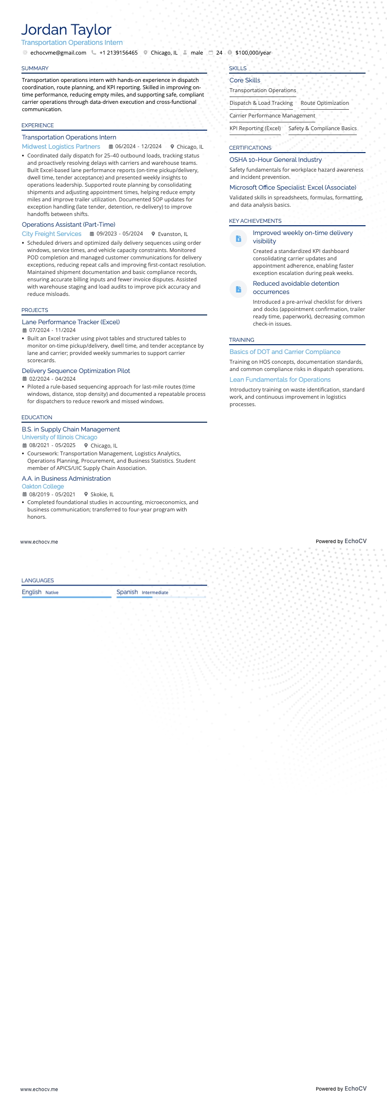 Transportation Operations Intern example resume