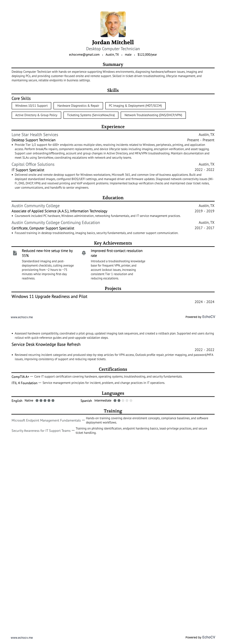 Desktop Computer Technician example resume