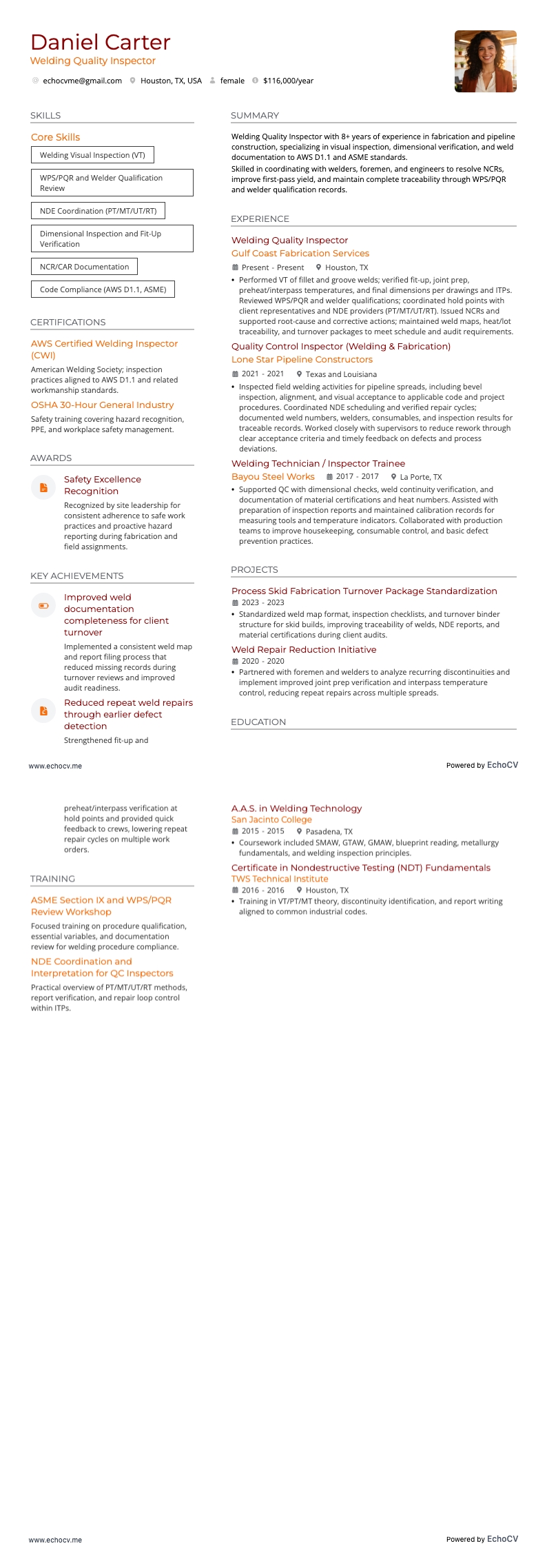 Inspetor de controle de qualidade resume example