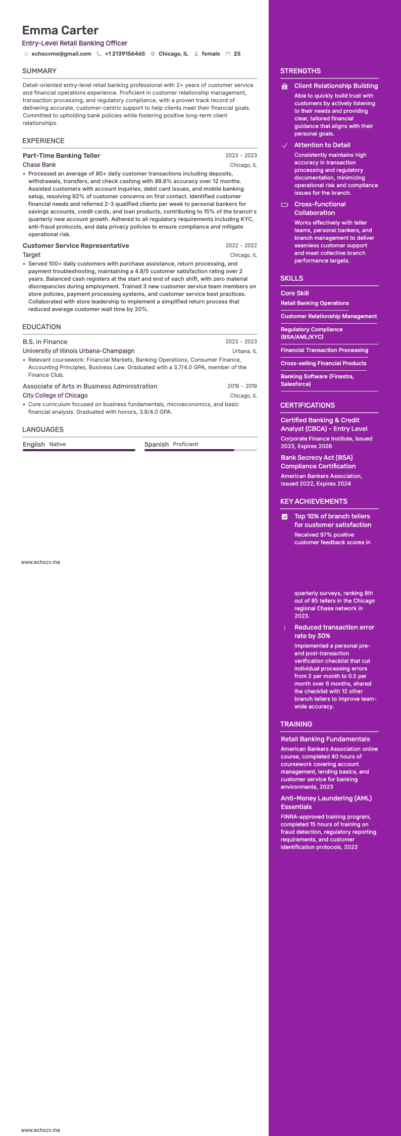 Entry-Level Retail Banking Officer example resume