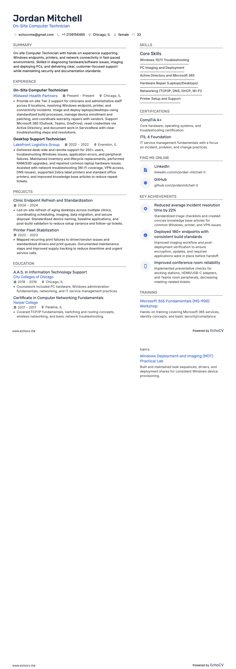 On-Site Computer Technician example resume