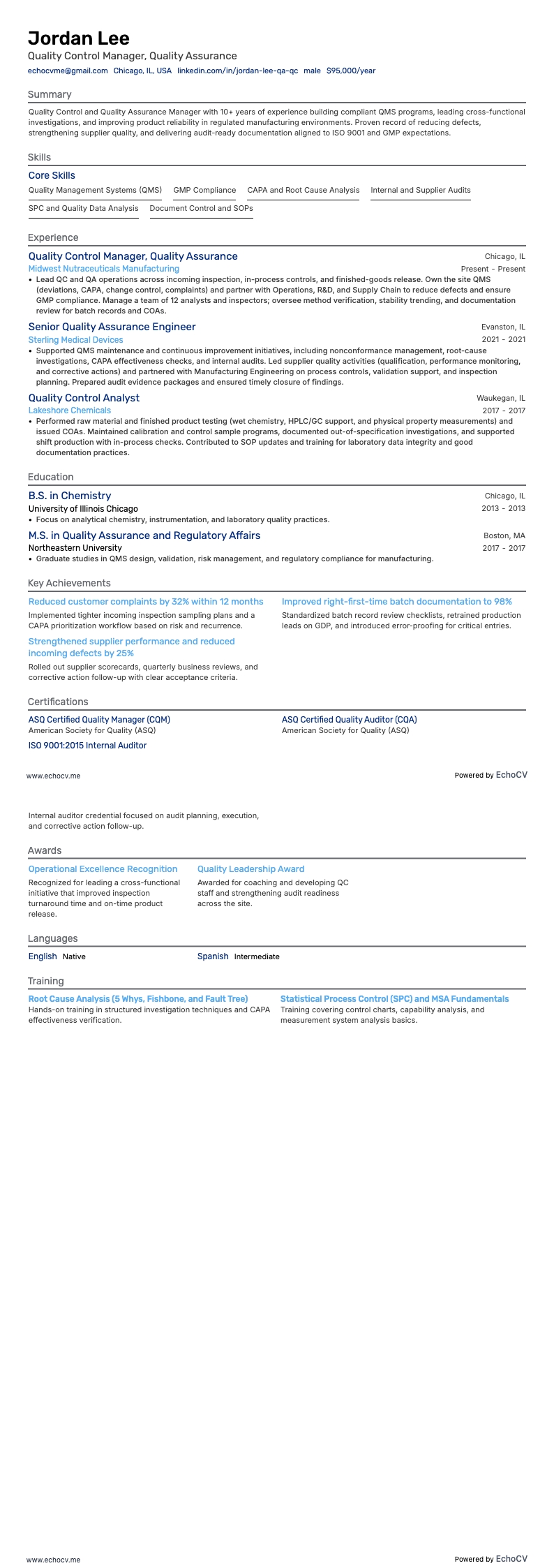 Quản lý kiểm soát chất lượng resume example