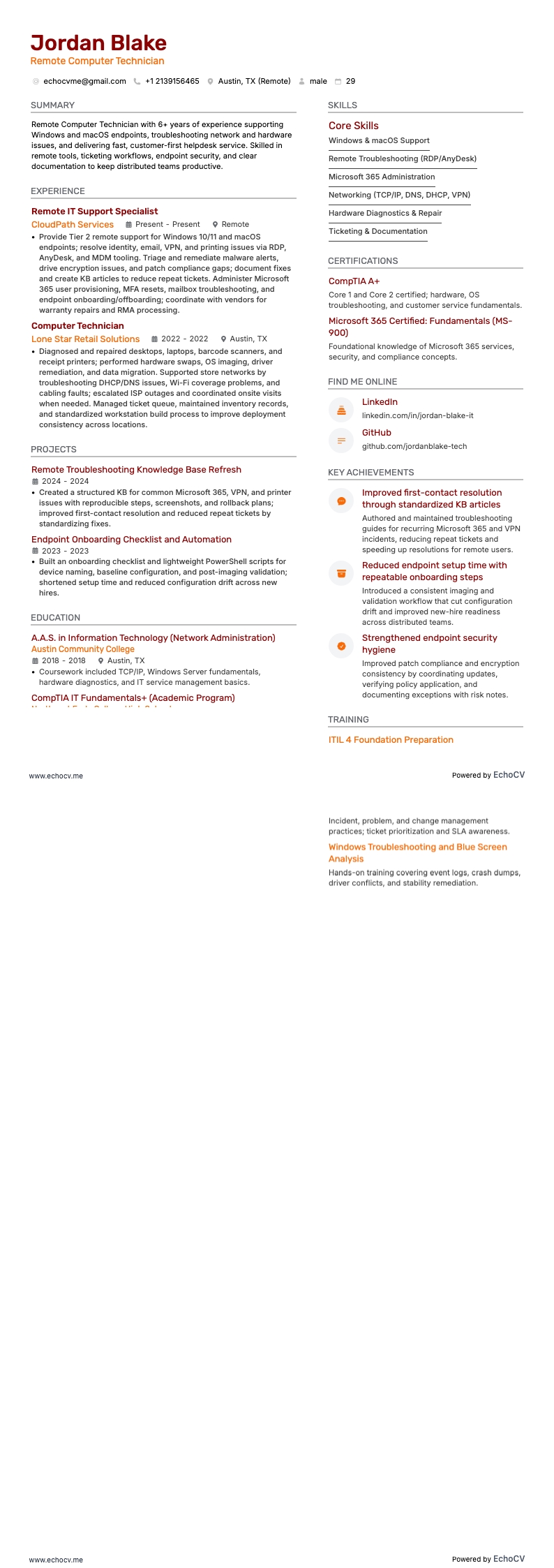 Remote Computer Technician example resume