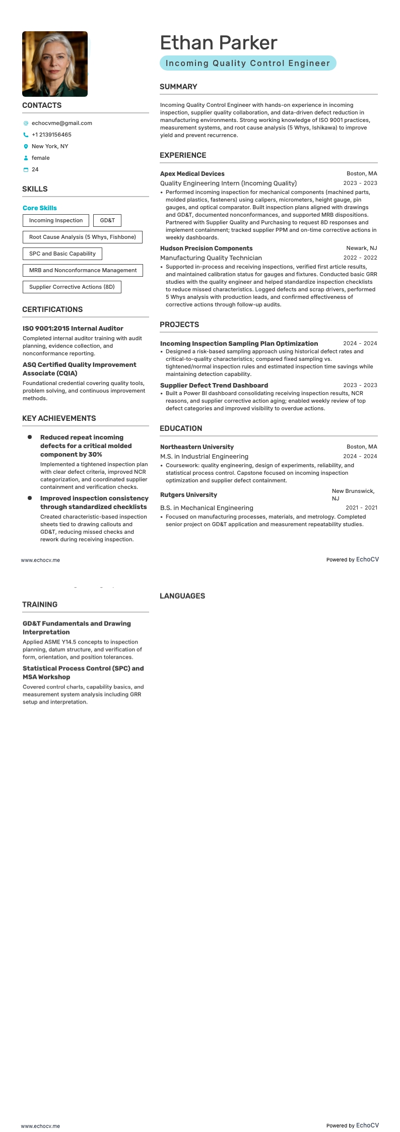 Incoming Quality Control Engineer example resume