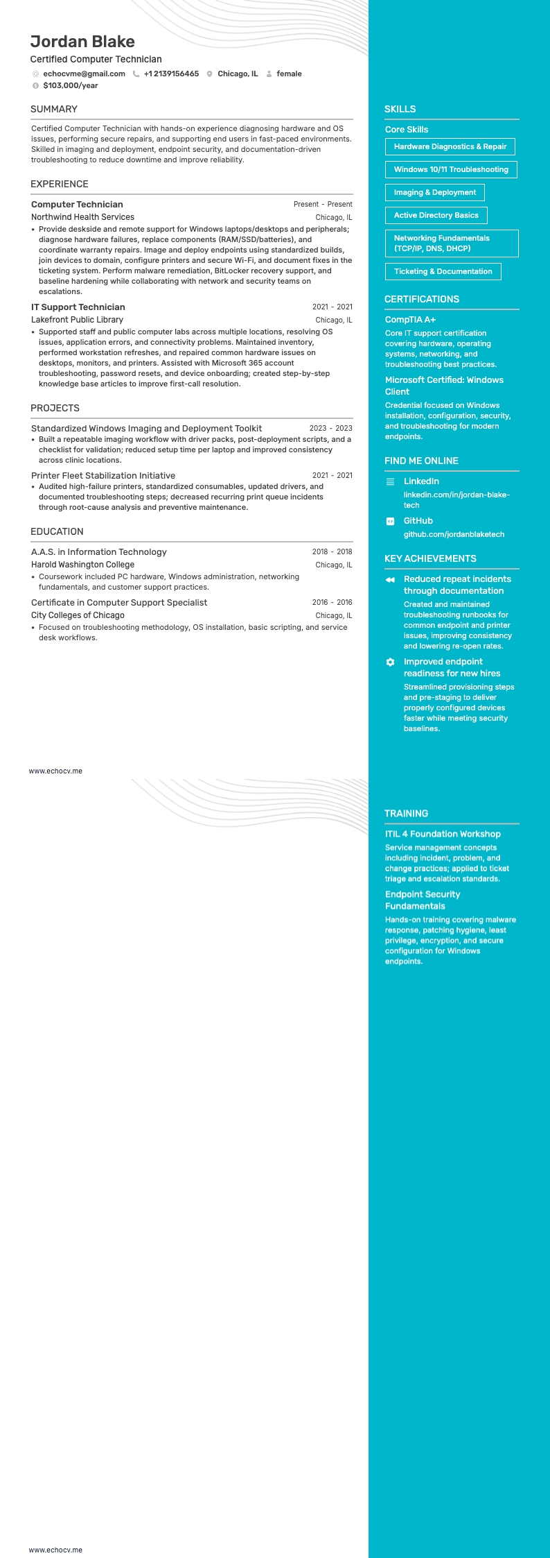 컴퓨터 기술자 resume example