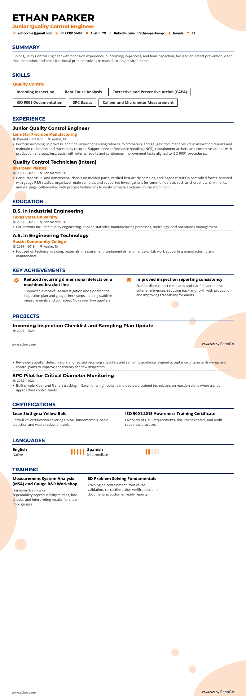 Kvalitetskontrollingenjör resume example