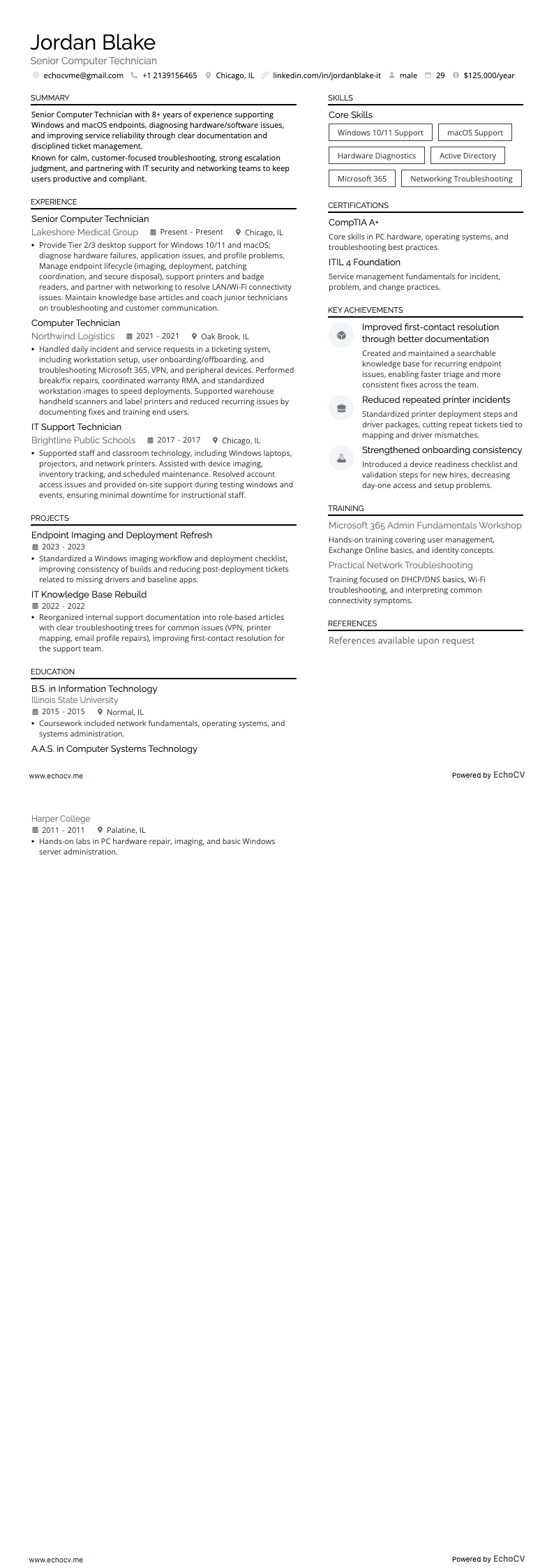 Técnico informático resume example