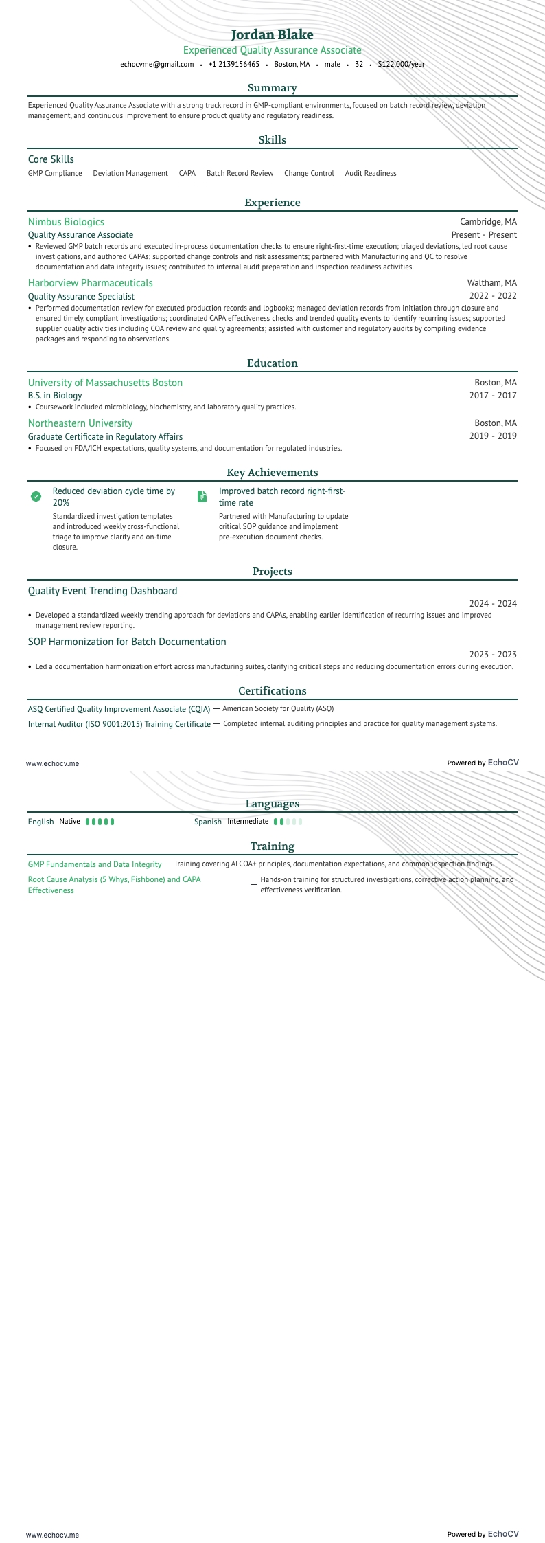Quality Assurance Associate resume example