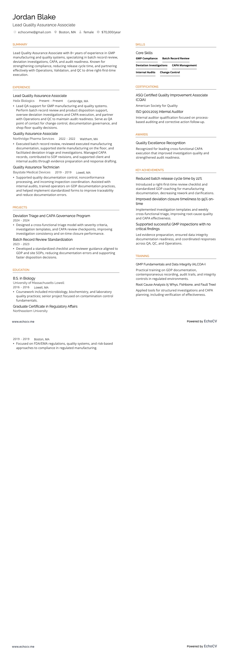 品質保証アソシエイト resume example