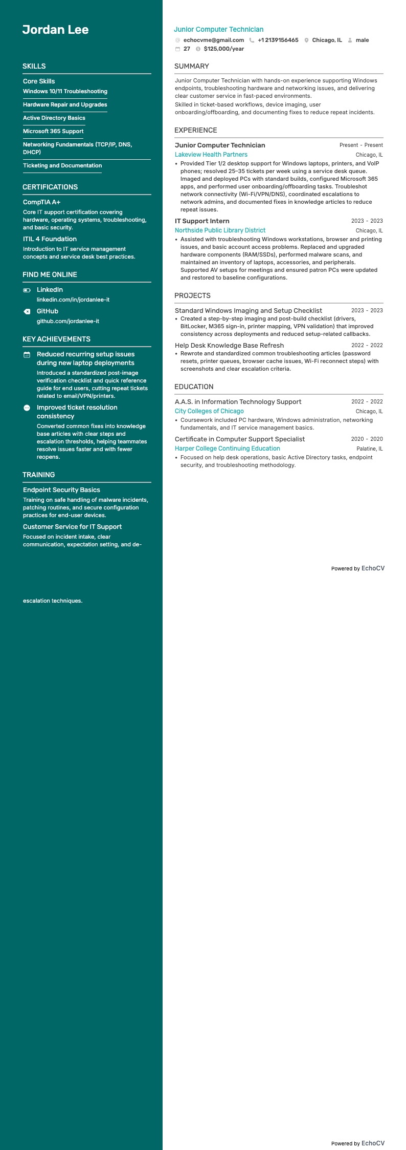 Junior Computer Technician example resume