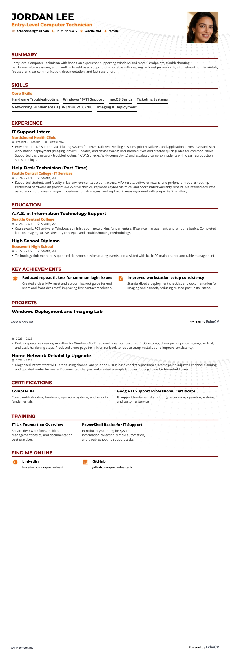 Entry-Level Computer Technician example resume