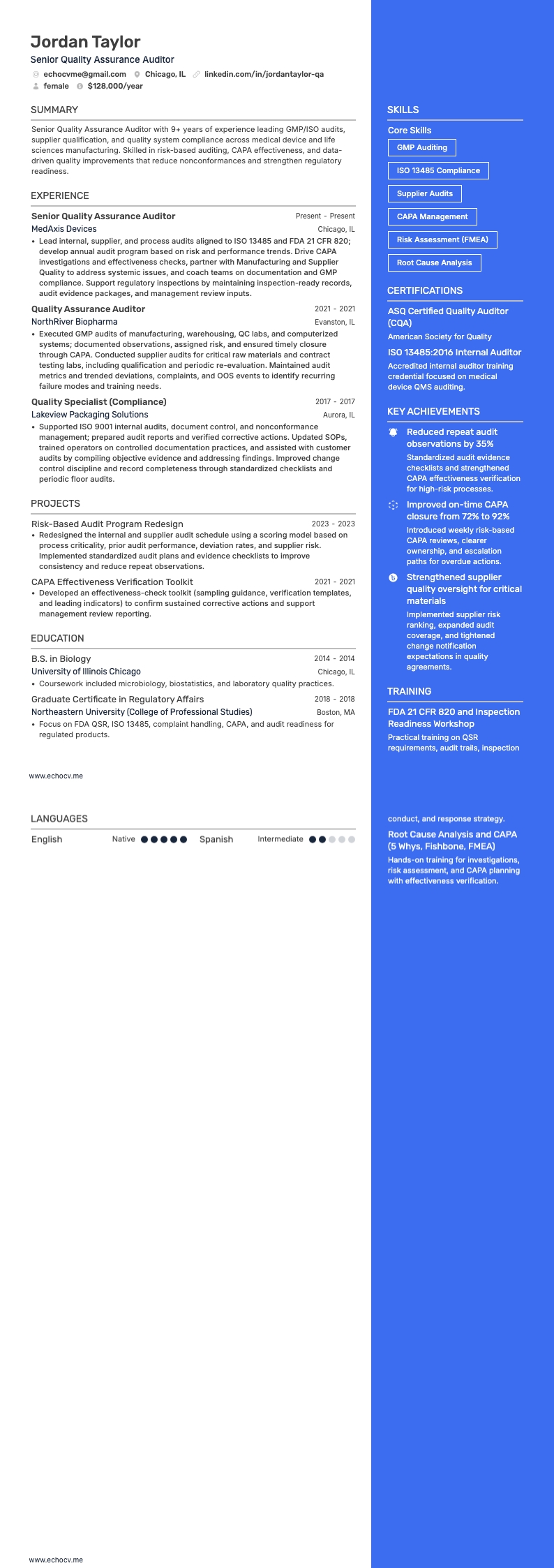 Auditeur senior en assurance qualité example resume