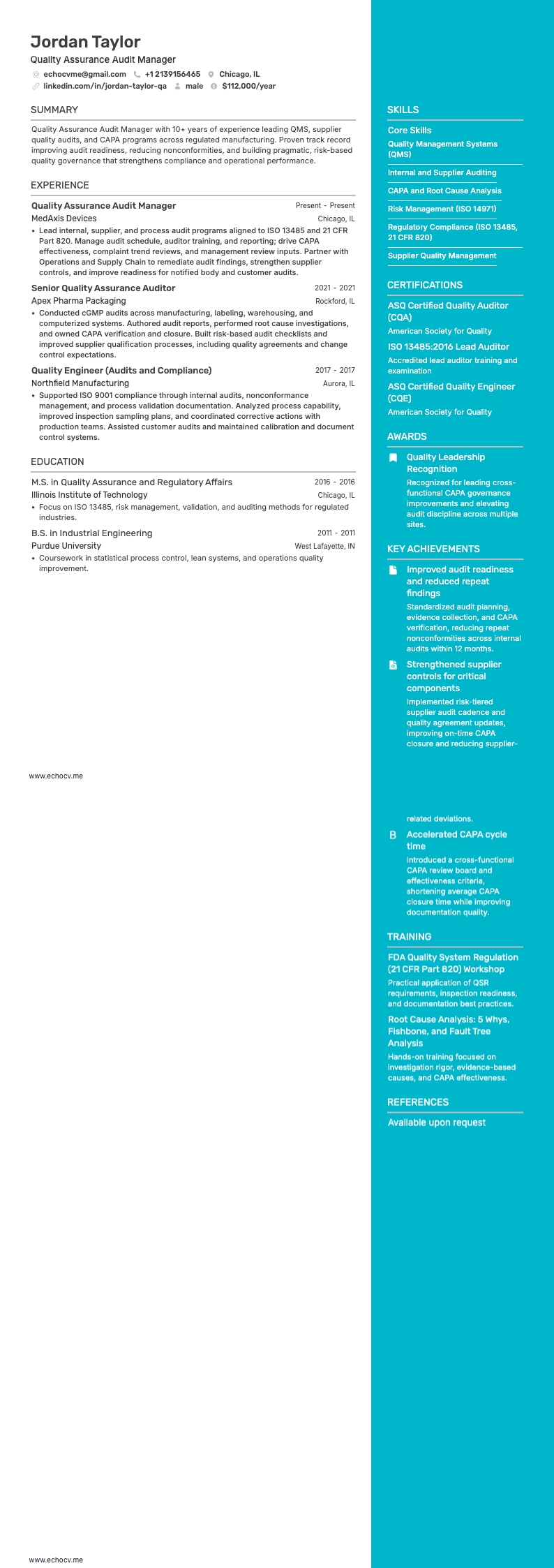 Auditor kwaliteitsborging resume example