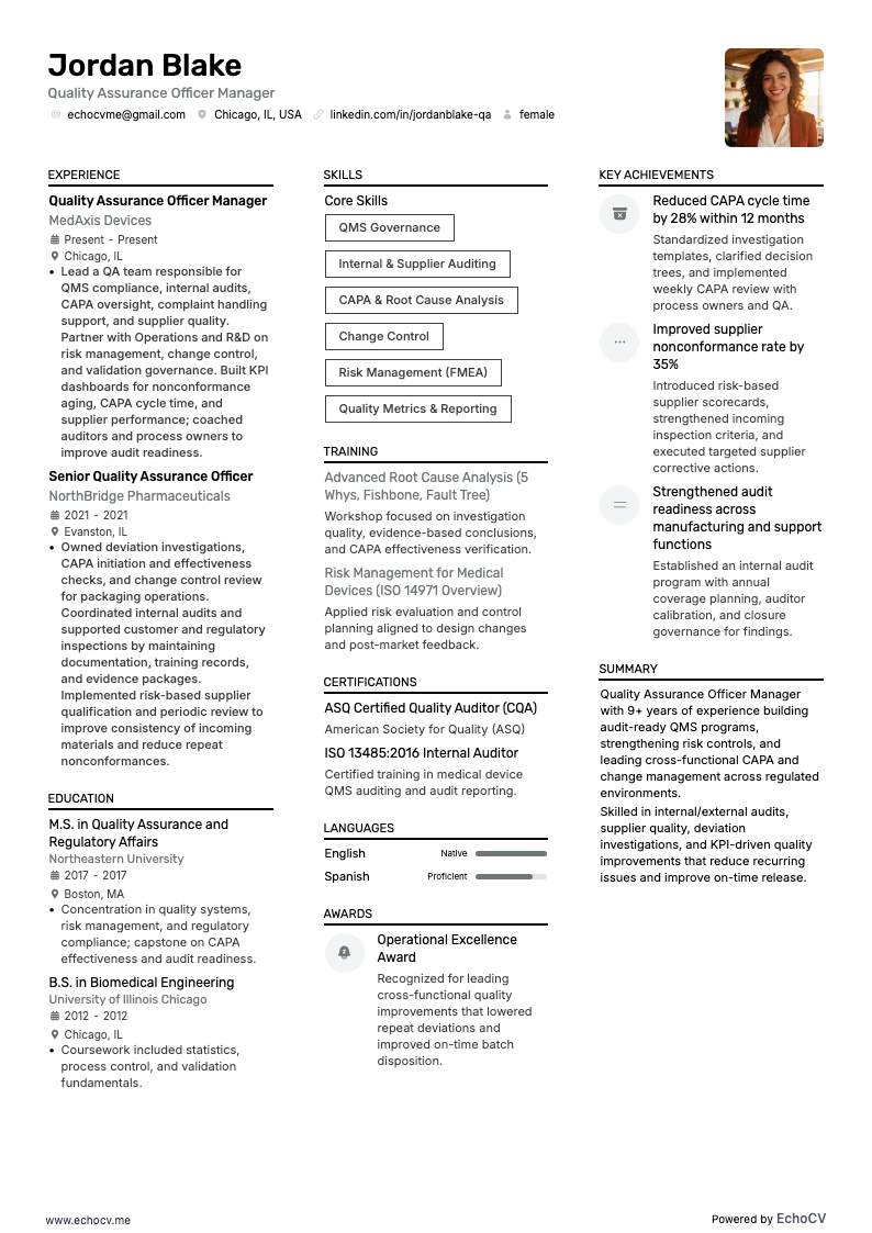 Quality Assurance Officer resume example