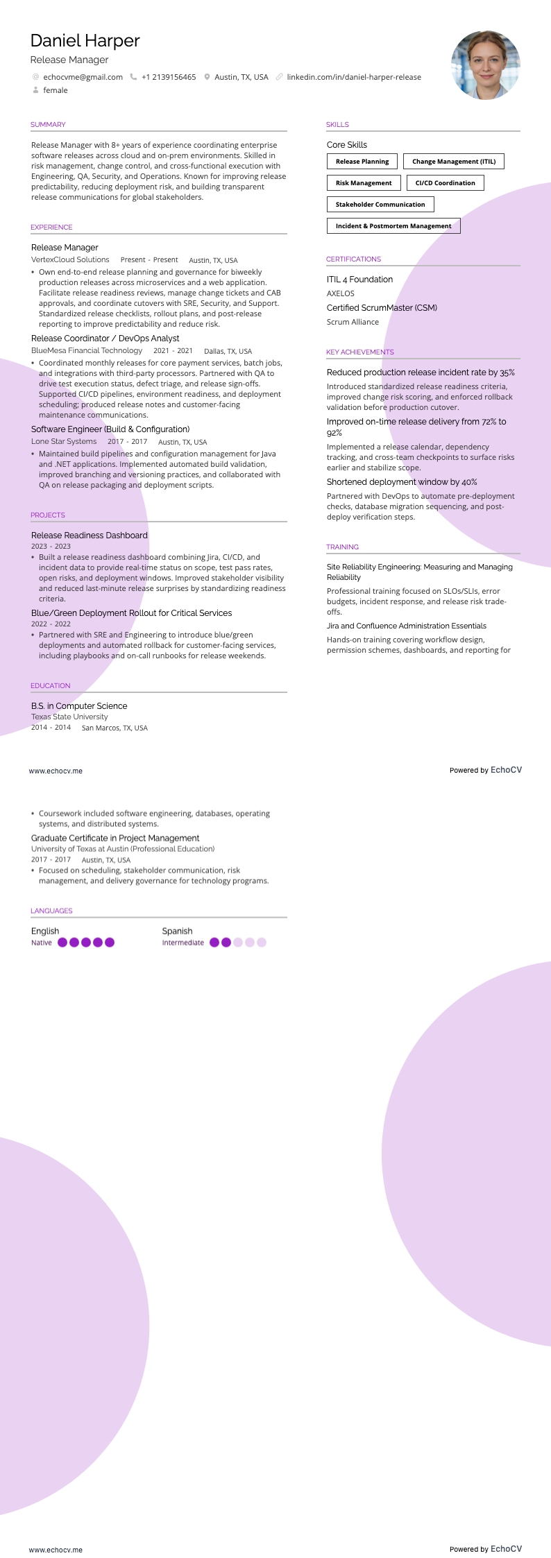 Responsabile delle release resume example