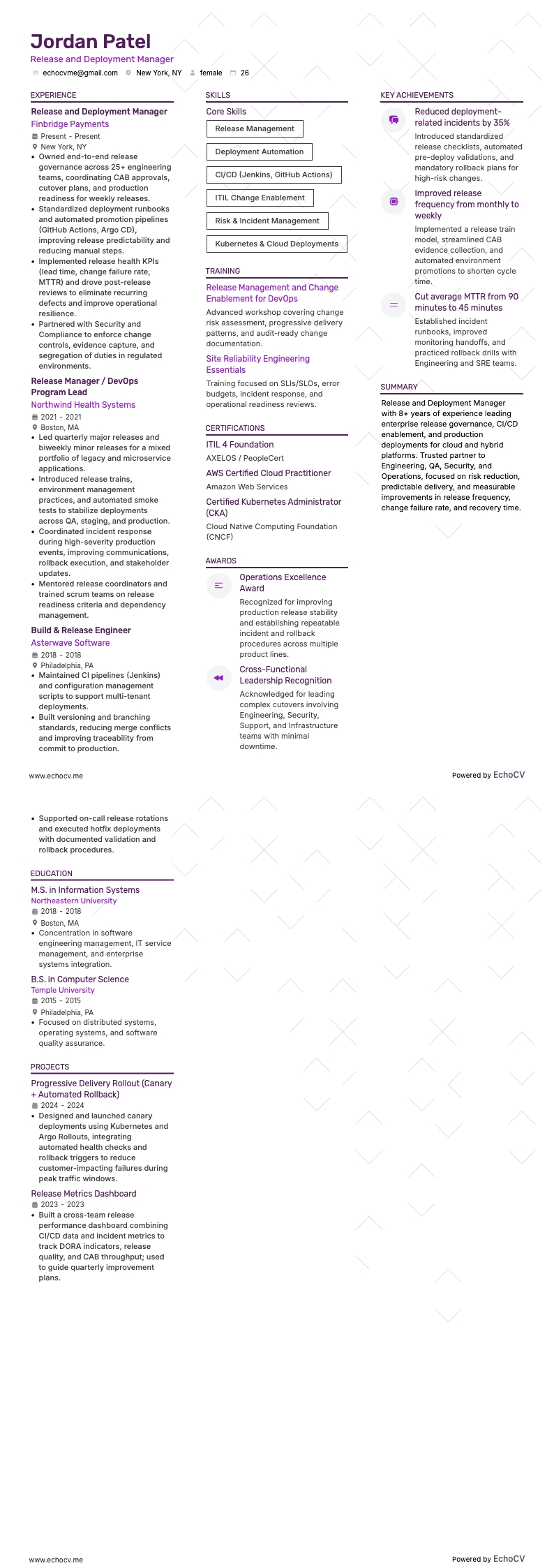 Release and Deployment Manager example resume