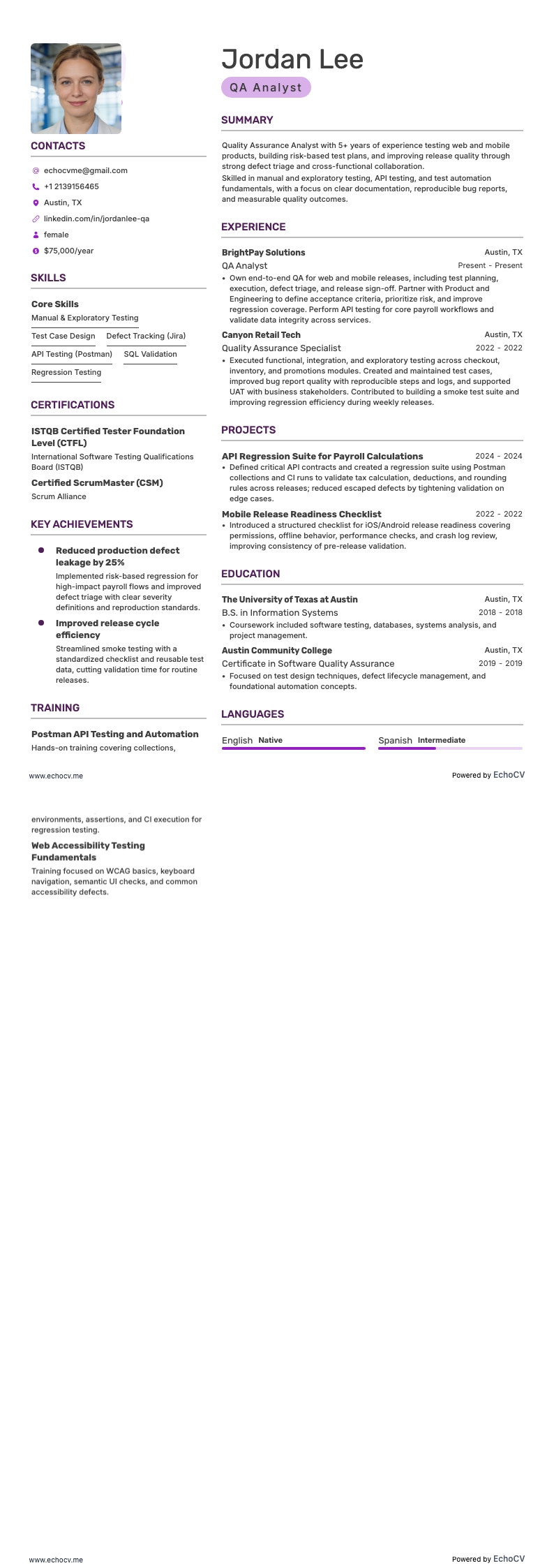 质量保证分析师 resume example