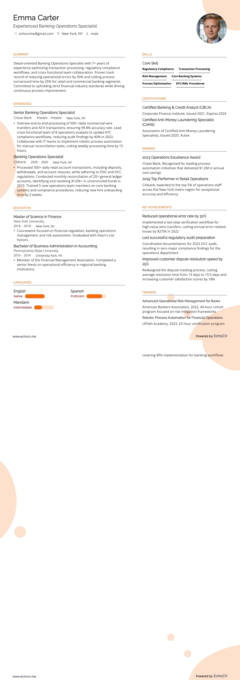 Experienced Banking Operations Specialist example resume