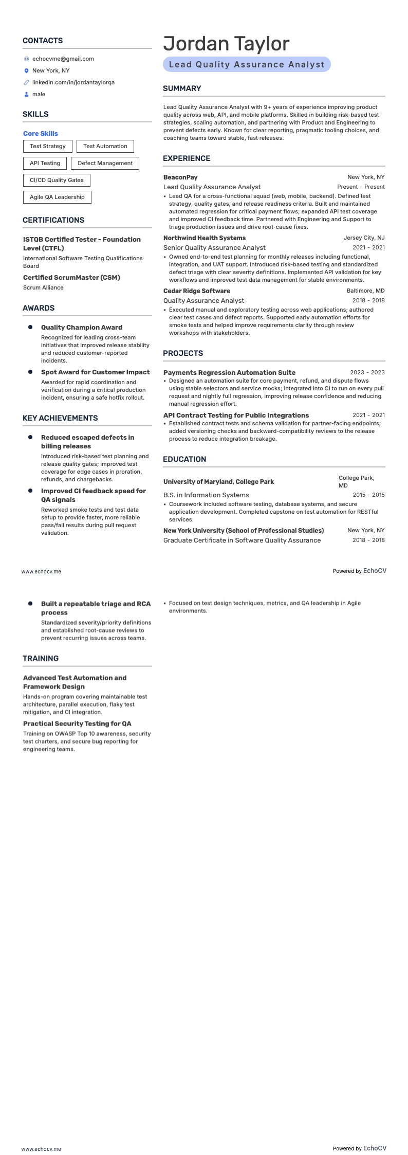 Analista de garantia da qualidade resume example