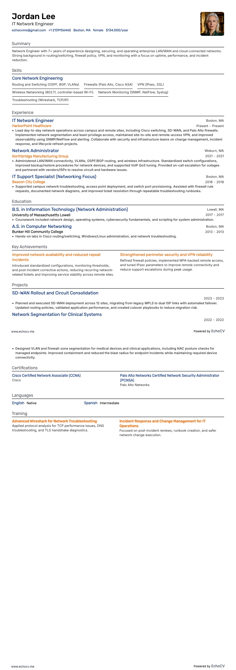 ITネットワークエンジニア example resume