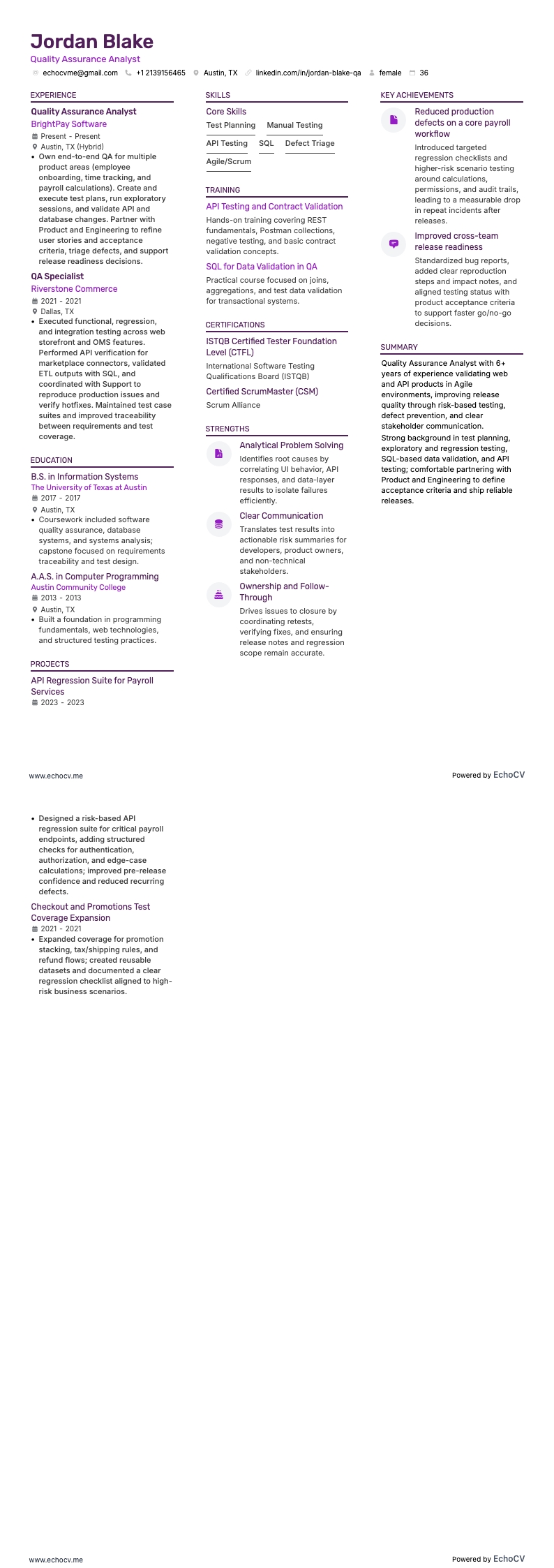 Chuyên viên phân tích đảm bảo chất lượng example resume