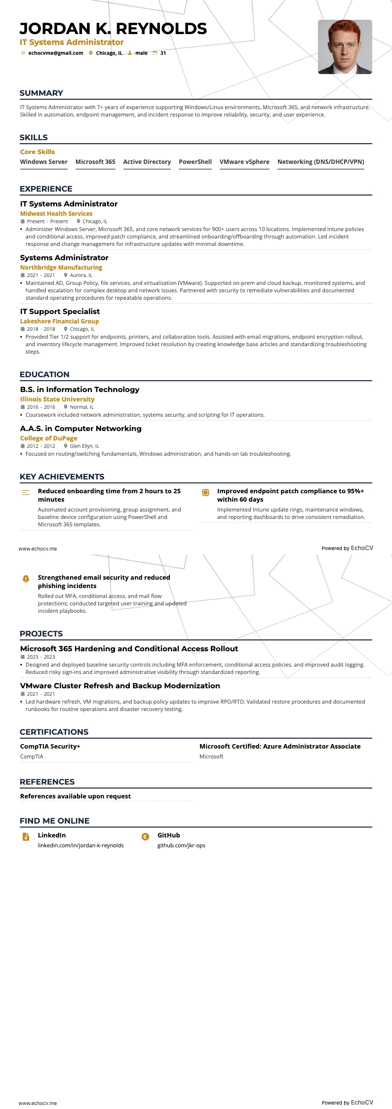ITシステム管理者 example resume