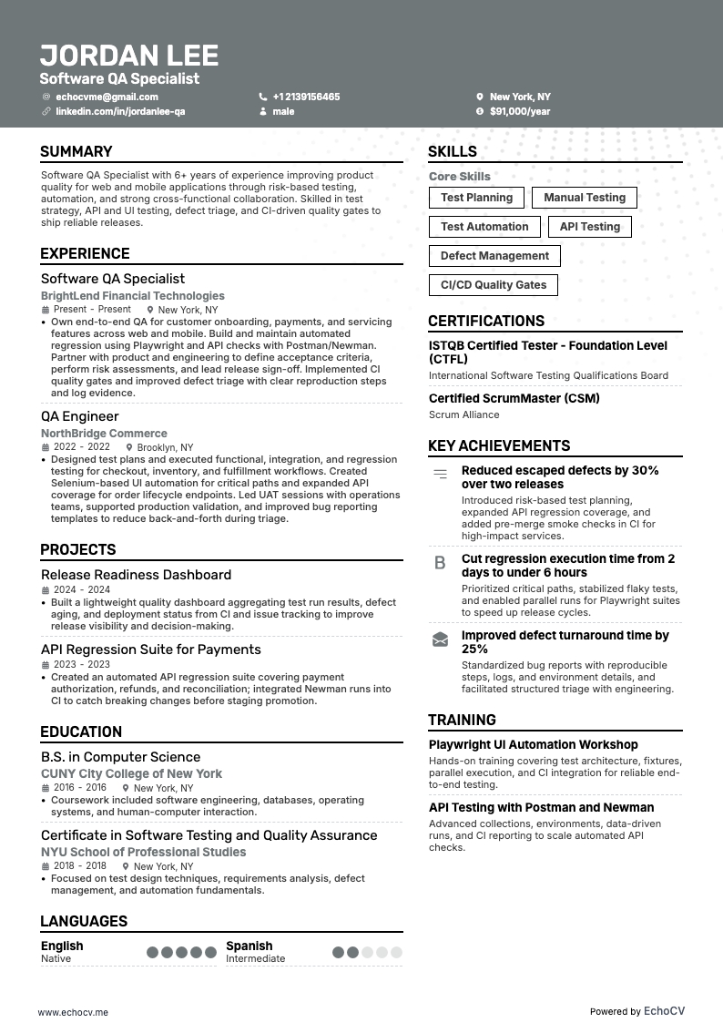 Chuyên viên QA phần mềm example resume