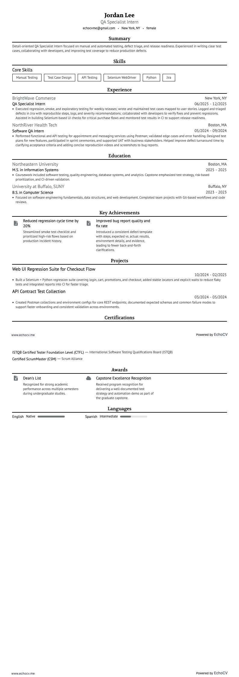 Especialista em garantia da qualidade resume example