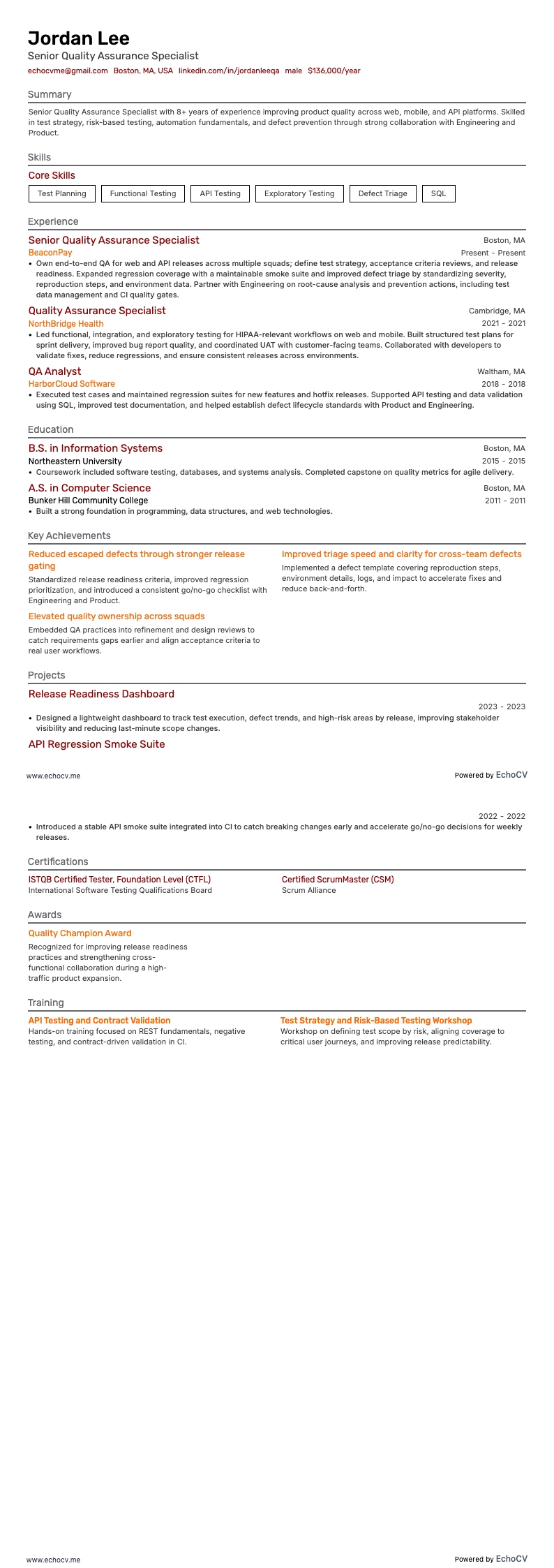 Chuyên viên đảm bảo chất lượng resume example