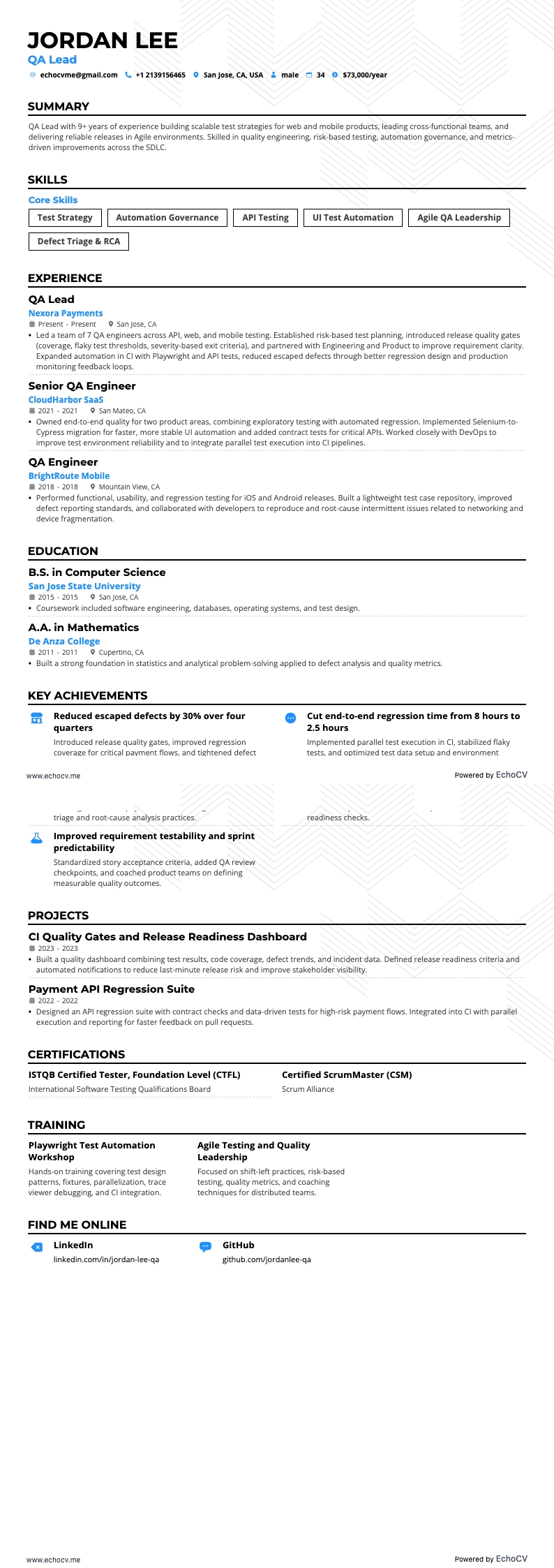 Trưởng nhóm QA example resume