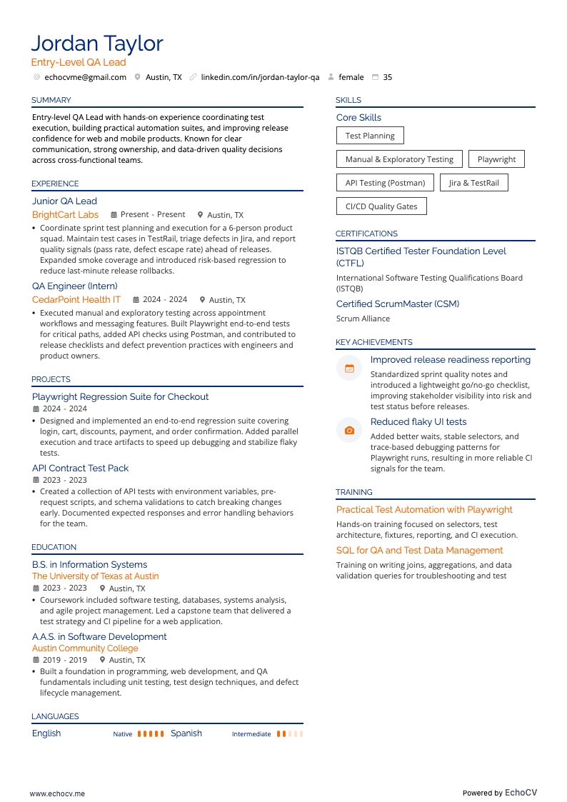 Trưởng nhóm QA cấp đầu vào example resume