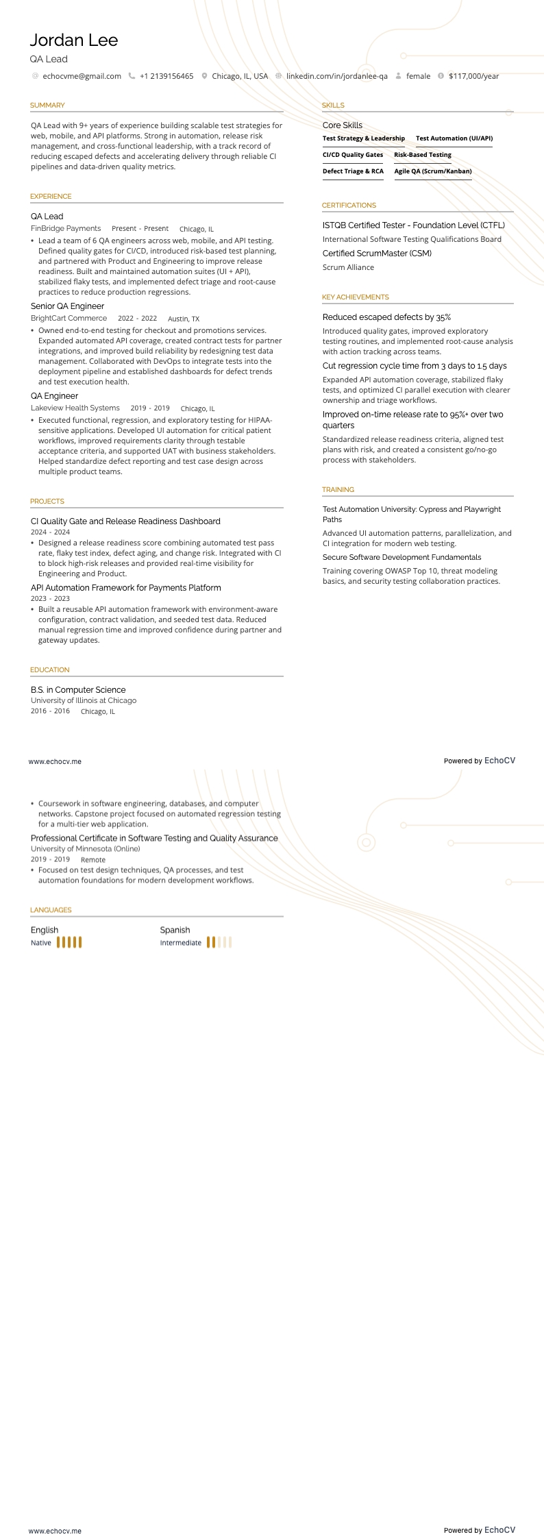 Trưởng nhóm QA resume example