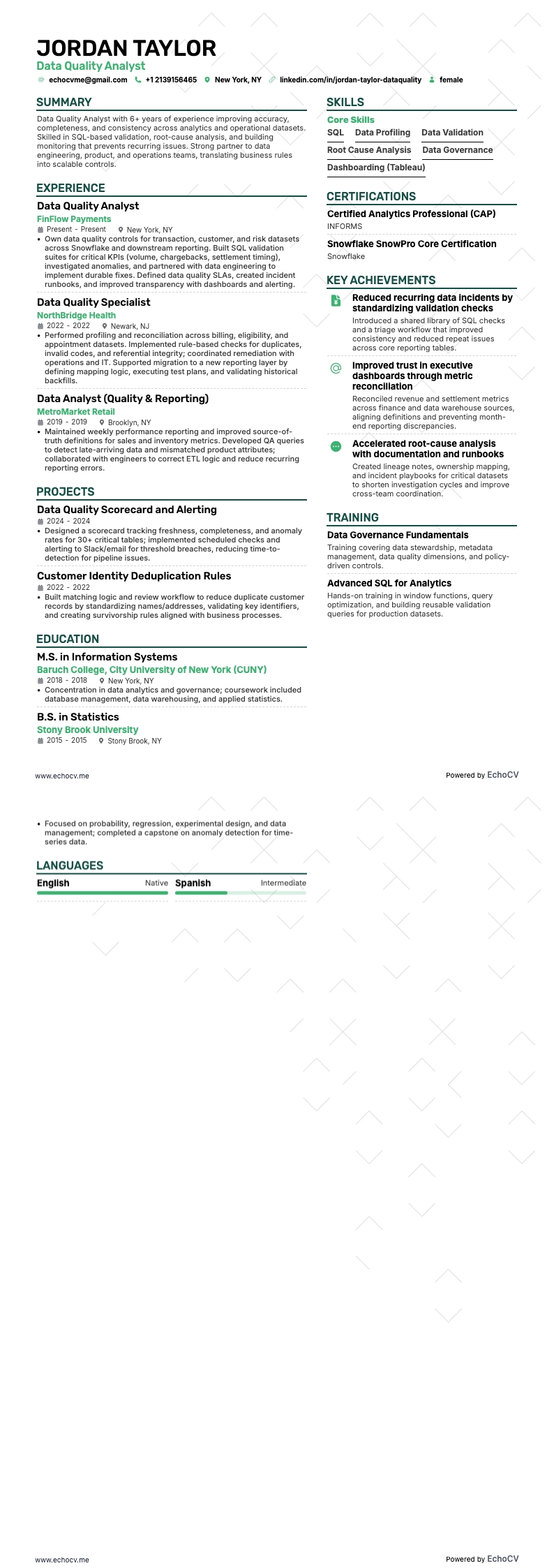 Data Quality Analyst example resume