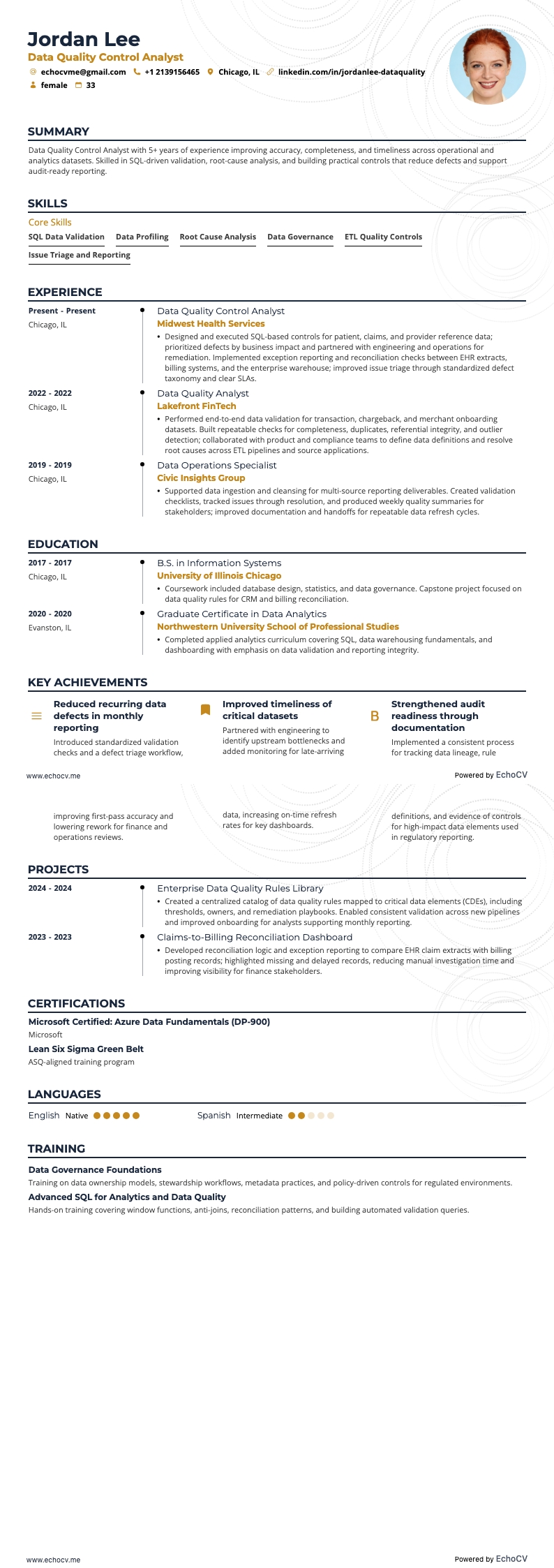 Data Quality Control Analyst example resume