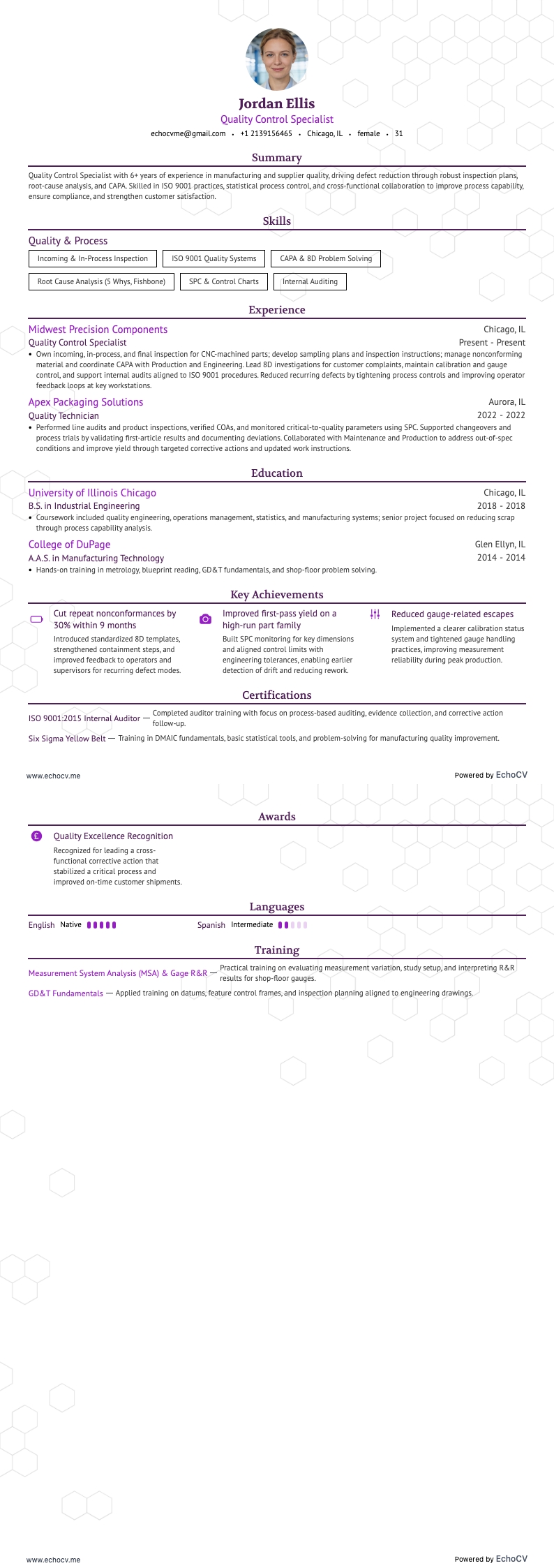Quality Control Specialist example resume
