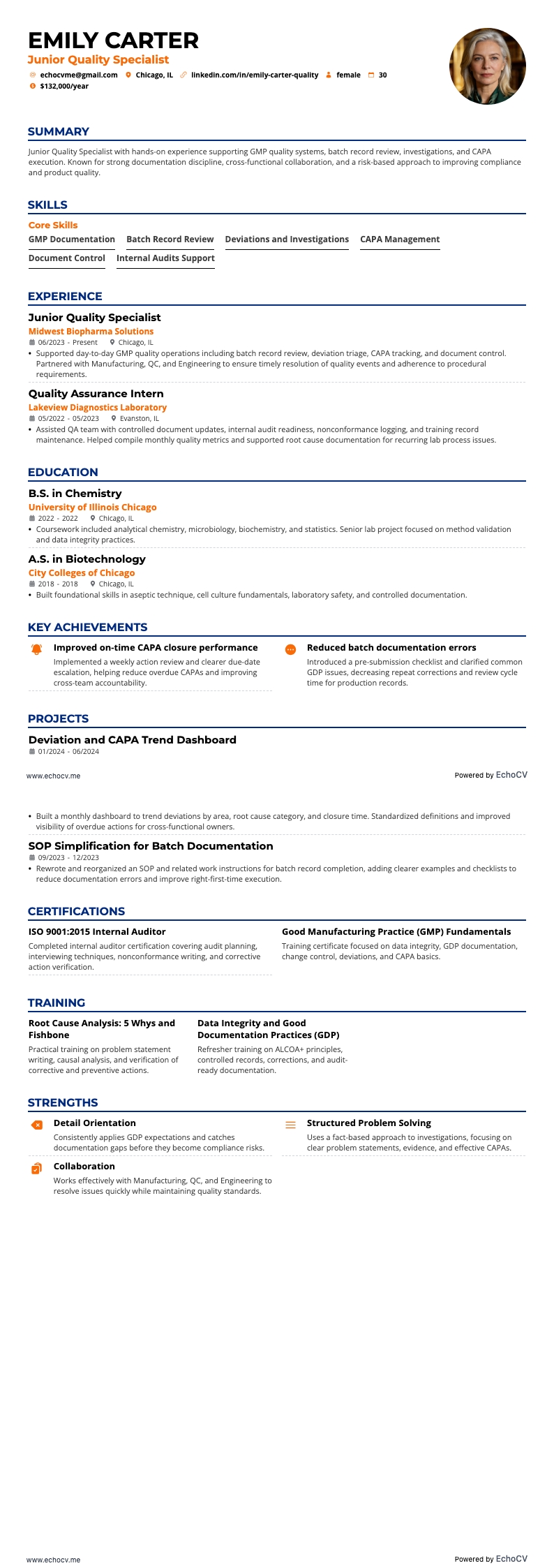 Junior Quality Specialist example resume